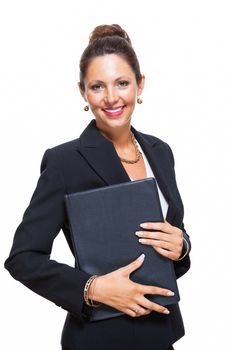 Portrait of an Attractive Young Businesswoman in Black Suit, Holding a File Folder and Smiling at the Camera. Isolated on White Background.