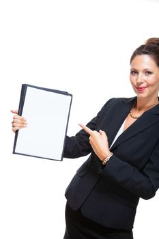 Half Body Shot of a Young Businesswoman Showing a Clean White Document with Copy Space, Isolated on White Background.
