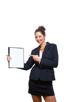Half Body Shot of a Young Businesswoman Showing a Clean White Document with Copy Space, Isolated on White Background.