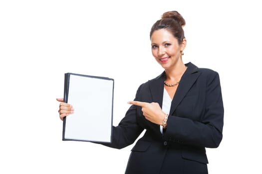 Half Body Shot of a Young Businesswoman Showing a Clean White Document with Copy Space, Isolated on White Background.