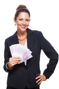 Happy Successful Young Businesswoman Holding a Fan of 500 Euro Banknotes and Looking at the Camera, Isolated on White Background.