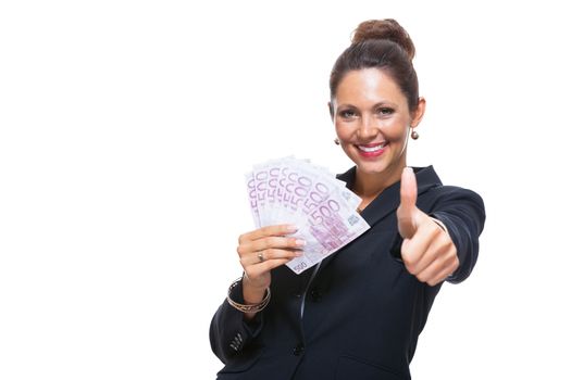 Happy Successful Young Businesswoman Holding a Fan of 500 Euro Banknotes and Looking at the Camera, Isolated on White Background.