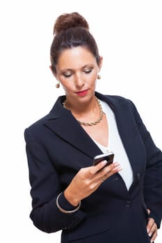 Portrait of a Happy Young Businesswoman Wearing Black Suit, Calling Someone on Mobile Phone. Isolated on White Background.
