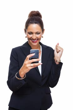 Portrait of a Happy Young Businesswoman Wearing Black Suit, Calling Someone on Mobile Phone. Isolated on White Background.