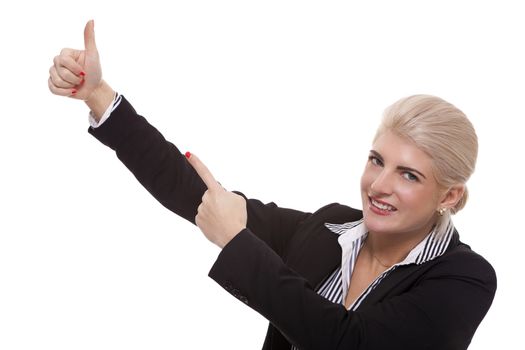 Close up Pretty Smiling Young Businesswoman Pointing Up with her Two Hands While Looking at the Camera. Isolated on White Background.