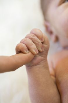 Tender love of a newborn infant with a closeup view of the hand of a tiny neonate clutching the finger of its parent in a show of trust, dependency and love