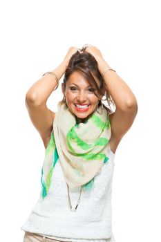 Close up Laughing Pretty Woman with Scarf Around her Neck, Holding Back her Hair with Mouth Wide Open While Looking at the Camera. Isolated on White.