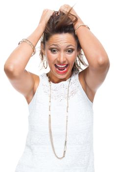 Half Body Shot of a Smiling Attractive Woman in Trendy Outfit, Holding her Hair Up While Looking at the Camera. Isolated on White Background.
