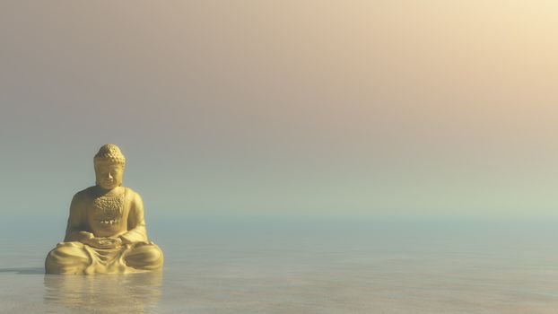 Golden buddha meditating by morning light - 3D render