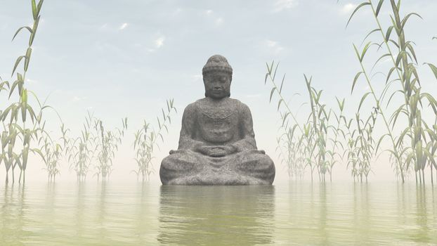 Stone buddha meditating next to bamboos by morning light - 3D render