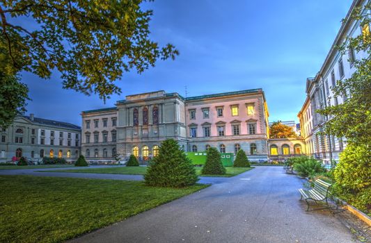 University building in Bastions park by night, Geneva, Switzerland, HDR