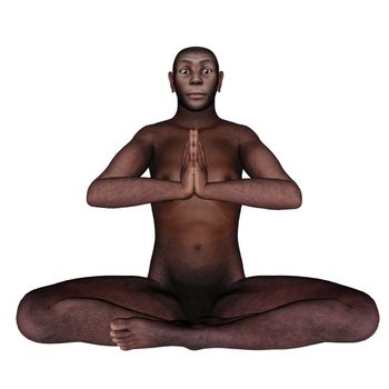 Male homo erectus sitting in meditation isolated in white background - 3D render
