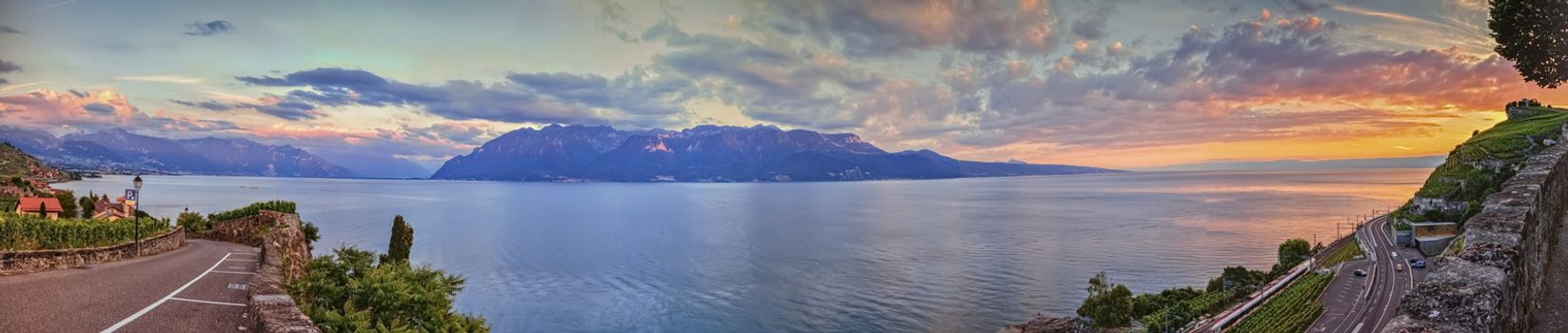 Panorama on Lavaux region by sunset, Vaud, Switzerland