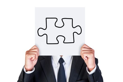 Showing jigsaw symbol to say how complex in business isolated white