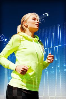 sport, fitness, exercise and lifestyle concept - woman doing running with earphones outdoors