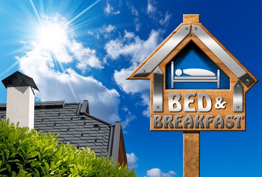 Wooden and metallic sign in the shape of house with text Bed & Breakfast on blue sky with roof, clouds and sun rays