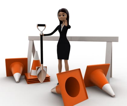 3d woman with diiger tool and traffic cones to stop concept on white bakcground, front angle view