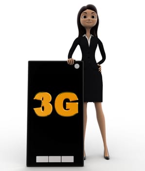 3d woman with 3g enbaled smartphone concept on white bakcground, front angle view