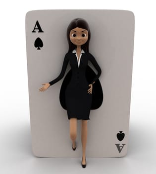 3d woman leaning on  play cards concept on white bakcground, front angle view