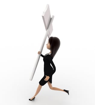 3d woman running with black sign board concept on white bakcground, side angle view
