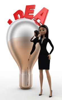 3d woman with idea silver bulb concept on white bakcground, side angle view