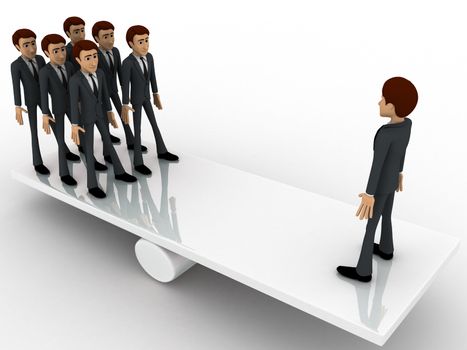 3d business man standing on seasaw to create balance concept on white background, side angle view