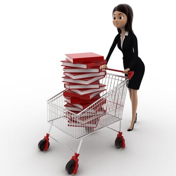 3d woman with cart and books in it concept on white bakcground, side angle view