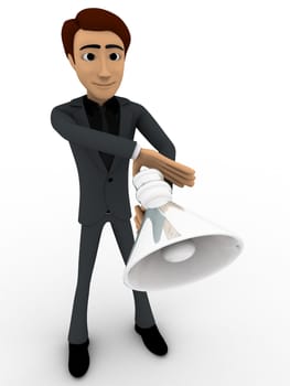 3d man with speaker to announce concept on white background, front angle view