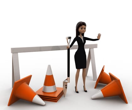 3d woman with diiger tool and traffic cones to stop concept on white bakcground, side angle view