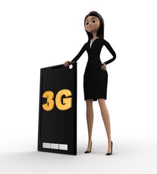 3d woman with 3g enbaled smartphone concept on white bakcground, side angle view