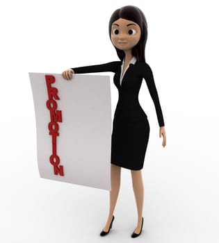 3d woman showing promotion letter on paper concept on white bakcground, front angle view