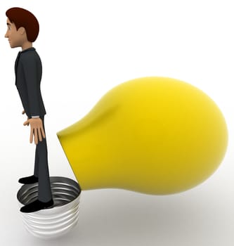 3d man opening yellow bulb and standing on bulb concept on white background,  side angle view