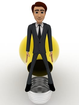 3d man opening yellow bulb and standing on bulb concept on white background, front angle view