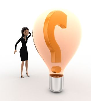 3d woman looks confused while looking at question mark on bulb concept on white bakcground,  side angle view