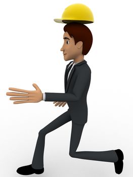 3d man construction engineer running concept on white background, side angle view