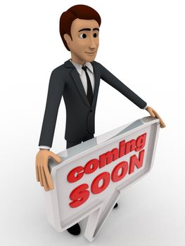 3d man holding coming soon chat bubble concept on white background, top angle view