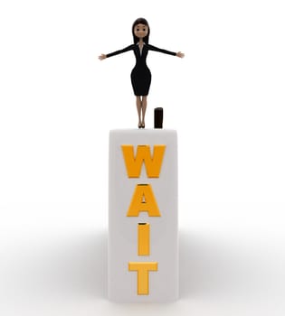 3d woman jumping from wait wall concept on white background, front angle view