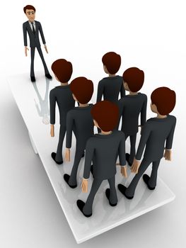 3d business man standing on seasaw to create balance concept on white background, top angle view