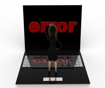 3d woman found error on laptop screen concept on white bakcground, front angle view