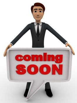 3d man holding coming soon chat bubble concept on white background, front angle view