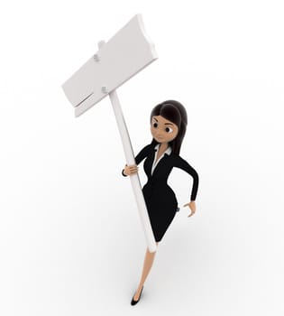 3d woman running with black sign board concept on white bakcground, top angle view