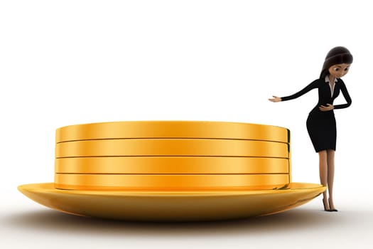 3d woman present golden coin in golden dish concept on white bakcground, front angle view