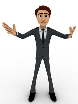 3d man welcoming with open hands concept on white background, front angle view