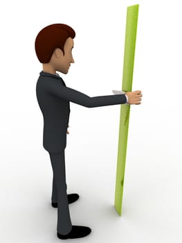 3d man with green measure tape to measure height concept on white background,  side angle view