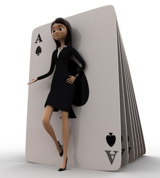 3d woman leaning on  play cards concept on white bakcground, side angle view