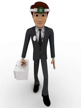 3d man doctor with medical kit in hand concept on white background, front angle view