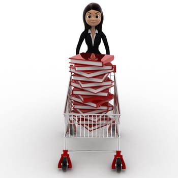3d woman with cart and books in it concept on white bakcground, front angle view