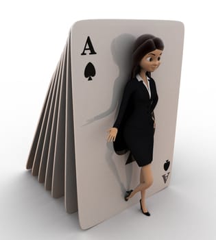 3d woman leaning on  play cards concept on white bakcground, top angle view