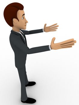 3d man welcoming with open hands concept on white background, side  angle view