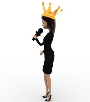 3d woman miss competition winner with crown speak in mic concept on white background, side  angle view